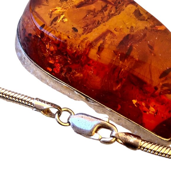 Sterling Silver Italy Vintage Snake Chain Necklace Amber Large Pendant - Picture 9 of 10